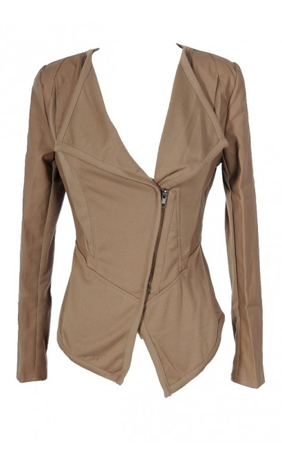 Delia Leatherette Trim Crossover Jacket in Taupe